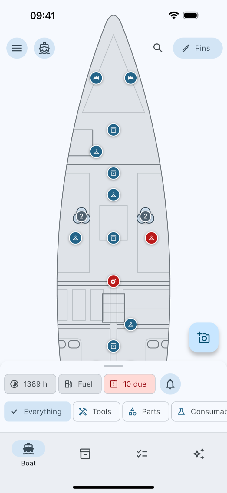 The boat plan — the app’s home screen, every locker a pin